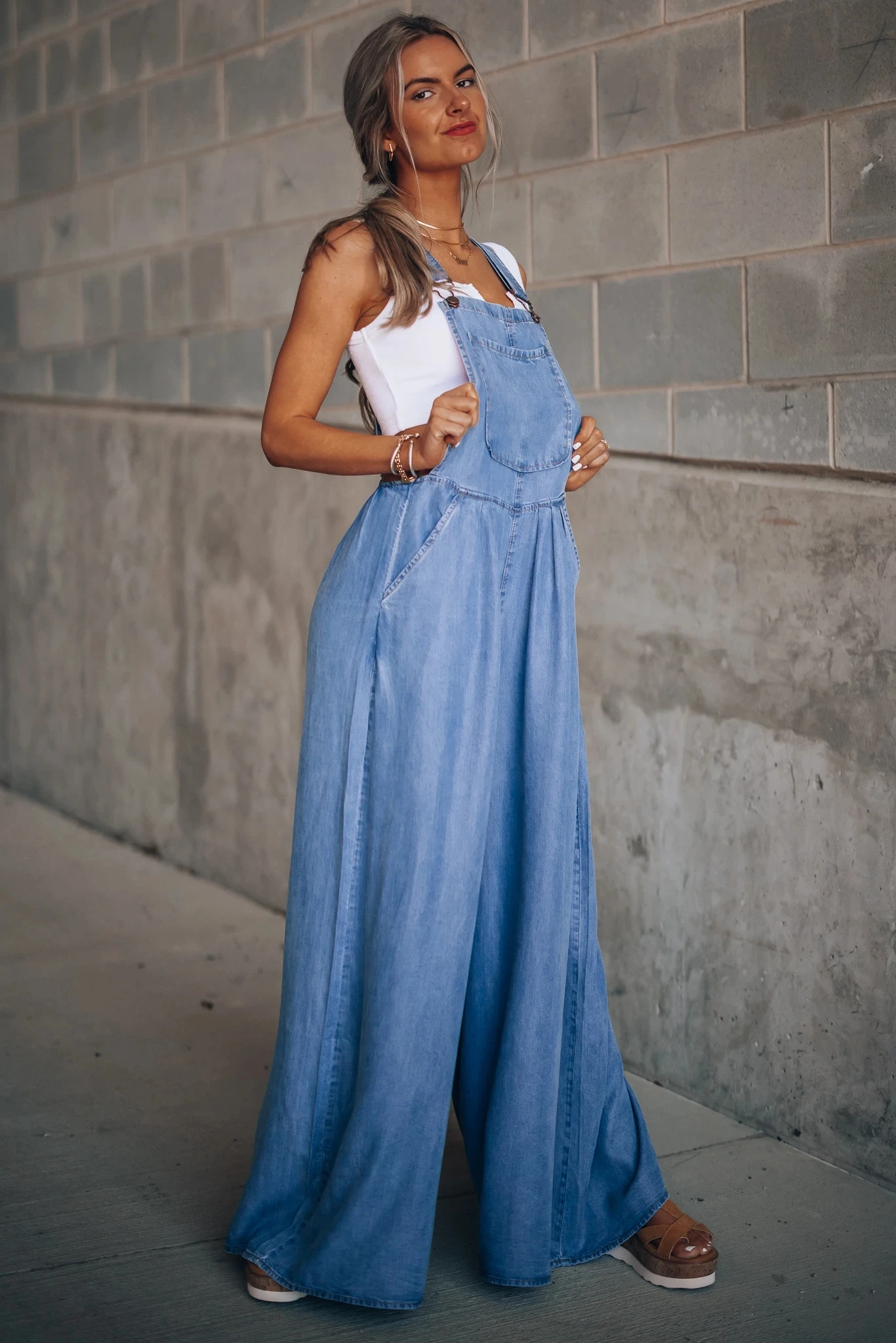 Summer Overalls For Women Blue Denim One-Piece Jumpsuits Loose Wide-Leg  With Pocket High-Waist Jumpsuits