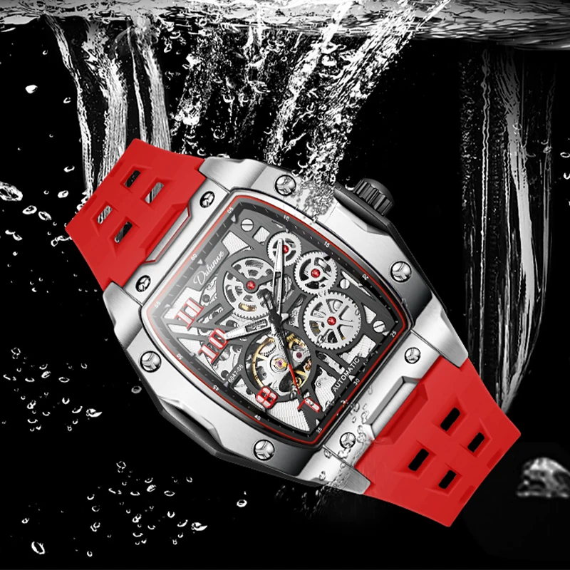 Dulunwe Fully Automatic Hollow Waterproof Luminous Mechanical Watch Trendy Barrel Men'S Watch