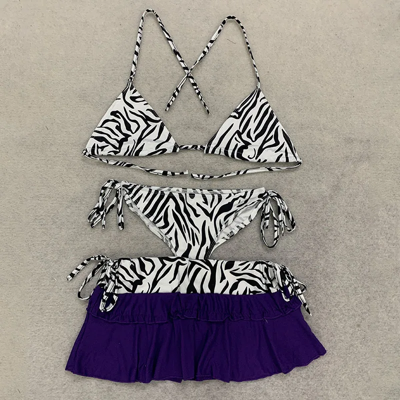 Sub-culture Beach Leisure Street Bikini Miniskirt Three-piece Retro Sexy Spice Girls Hanging Neck Halter Strap Design Swimsuit