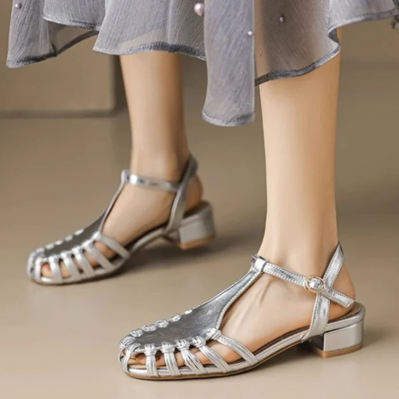 2024 Summer Women\'s Sandals Silver Gold Luxury Leather Strap Woven Roman Sandals Fashion Ankle Buckle Wide Heels Women Sandals