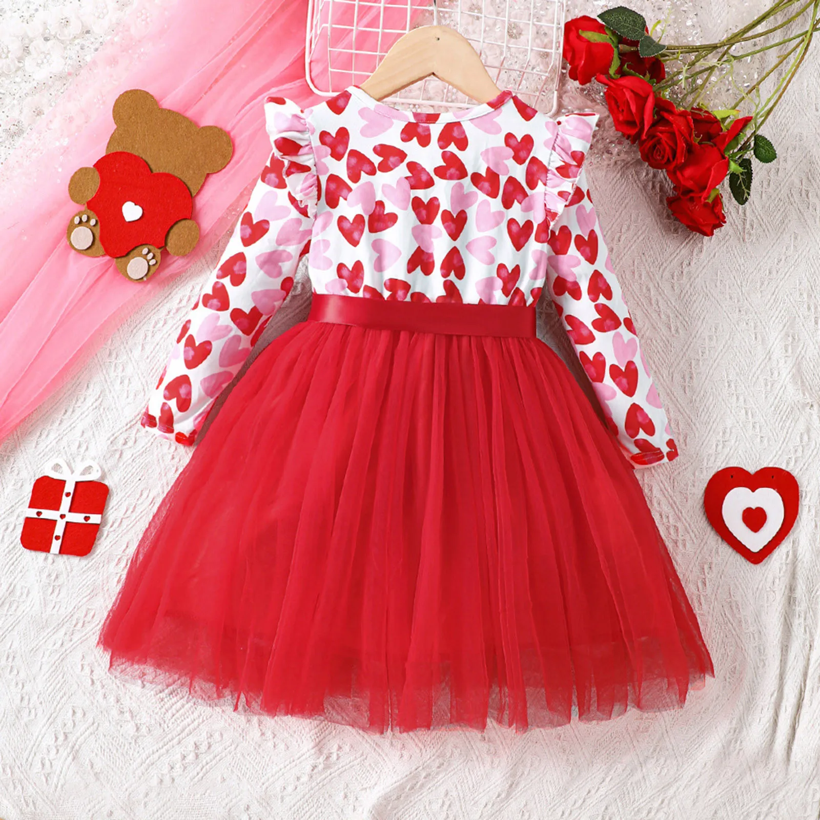 Girls Valentines Day Party Dresses Mesh Tulle Patchwork Love Heart Print Dress For Girls Kids Clothes Children Princess Dress