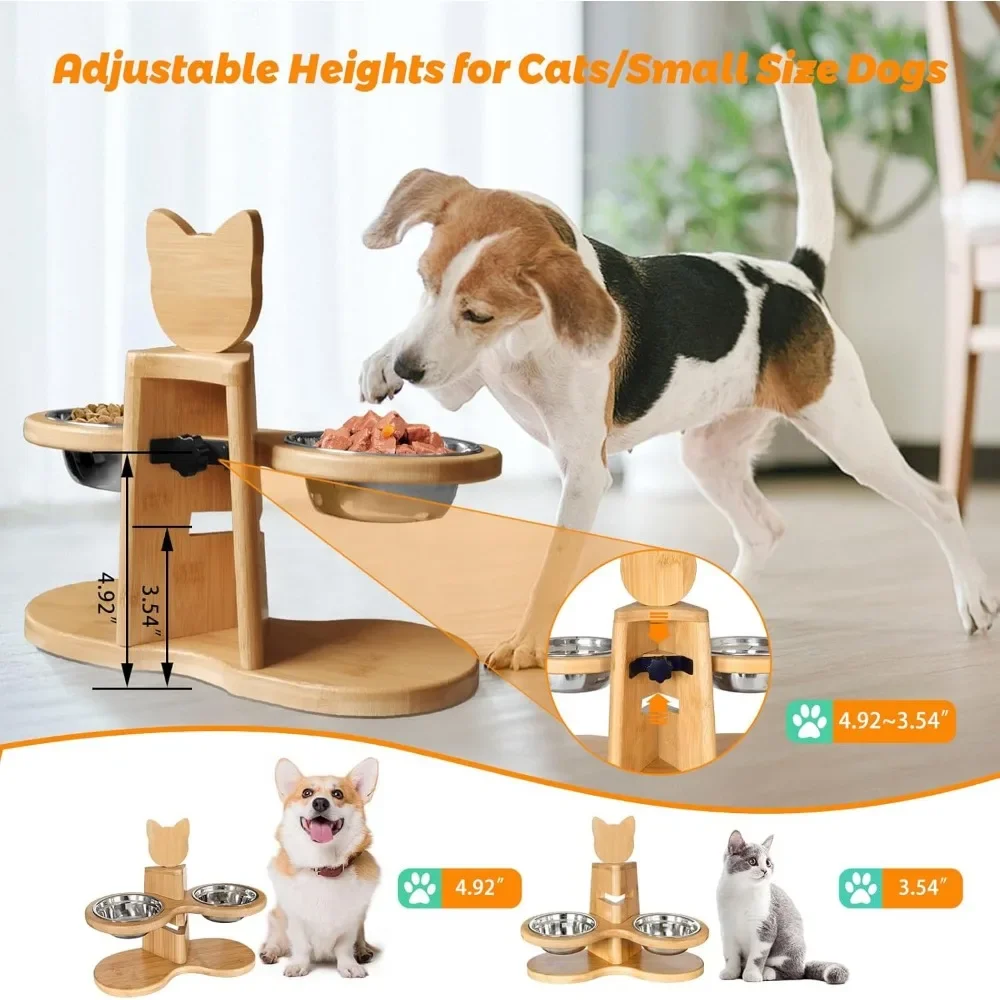 Elevated Dog Bowls for Small Dogs, Adjustable Bamboo Pet Feeding Station with 2 Stainless Steel Bowls for Cats and Puppy