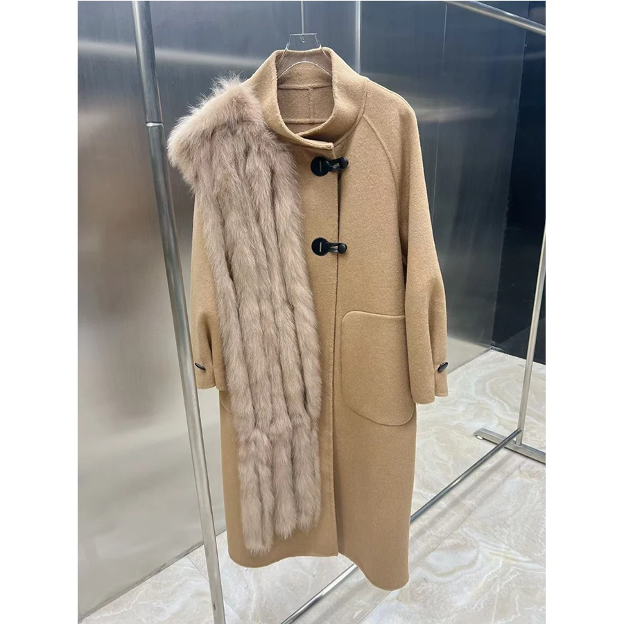 

Womens Wool & Blends Coat With Fur Winter Long Wool Coat Real Fox Fur Collar Best Seller Warm Cardigan