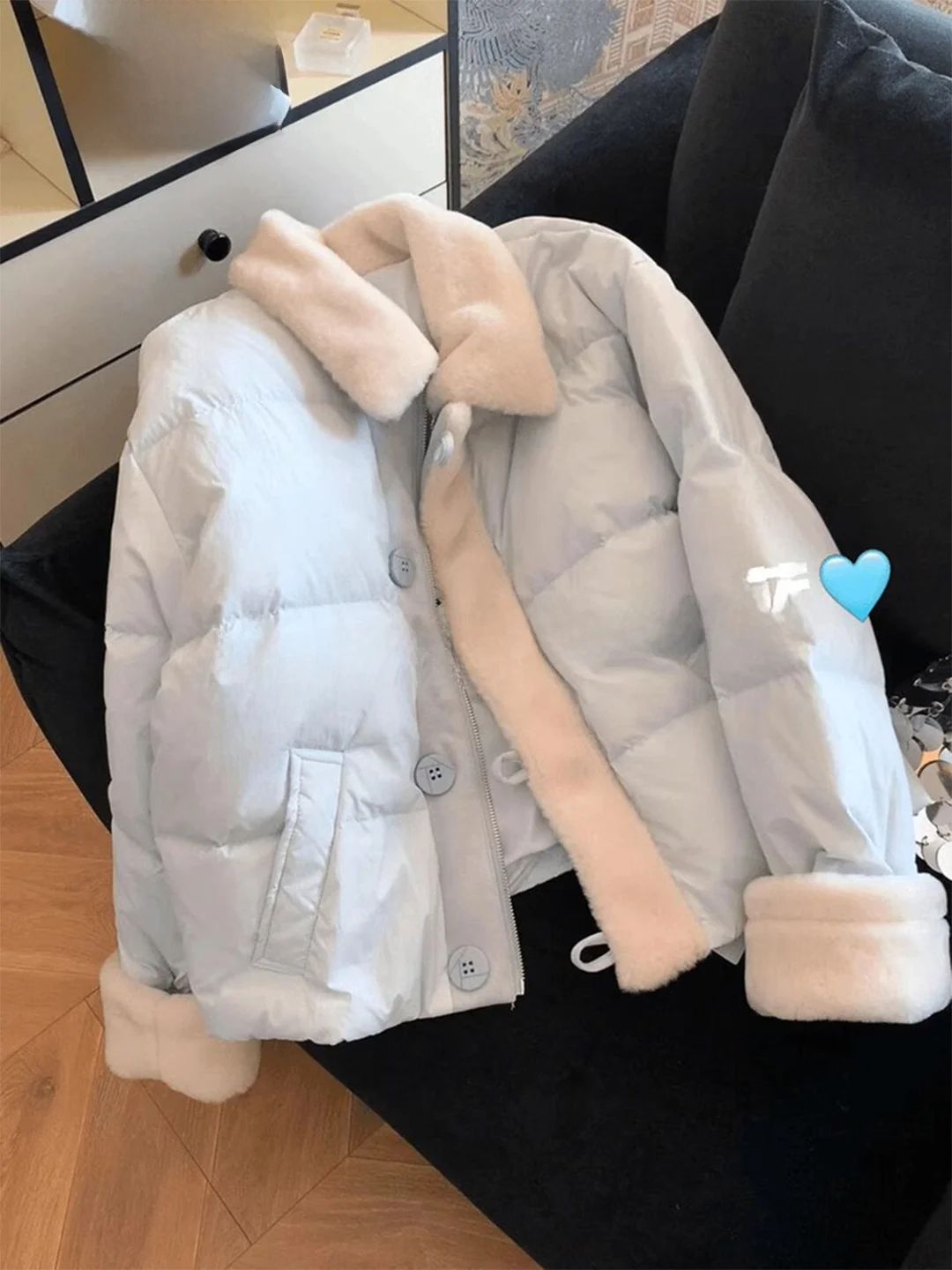 

Синее пальто с пушистым воротником из хлопка, свободного кроя, для полных женщин, утепленное, в корейском стиле...