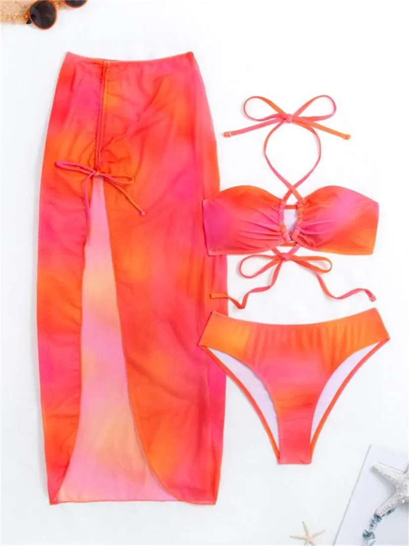 Vintage Orange Tie Dye Bikini Set Women Halter Bandage Cross Push Up Skirt 3 Piece Swimsuit Bathing Suit Cover Up Swimwear 2024