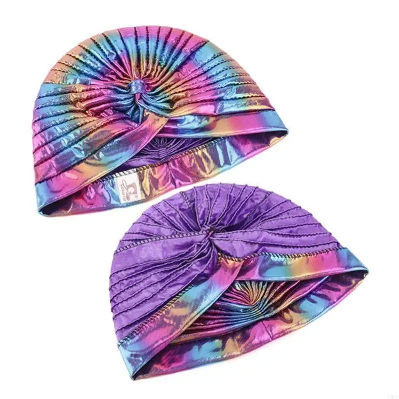 النساء قوس قزح معدني العربية قبعة عمامة الملتوية الجبهة مطوي حك بريق ملون قبعة مسلم الحجاب فقدان الشعر الكيماوي قبعة