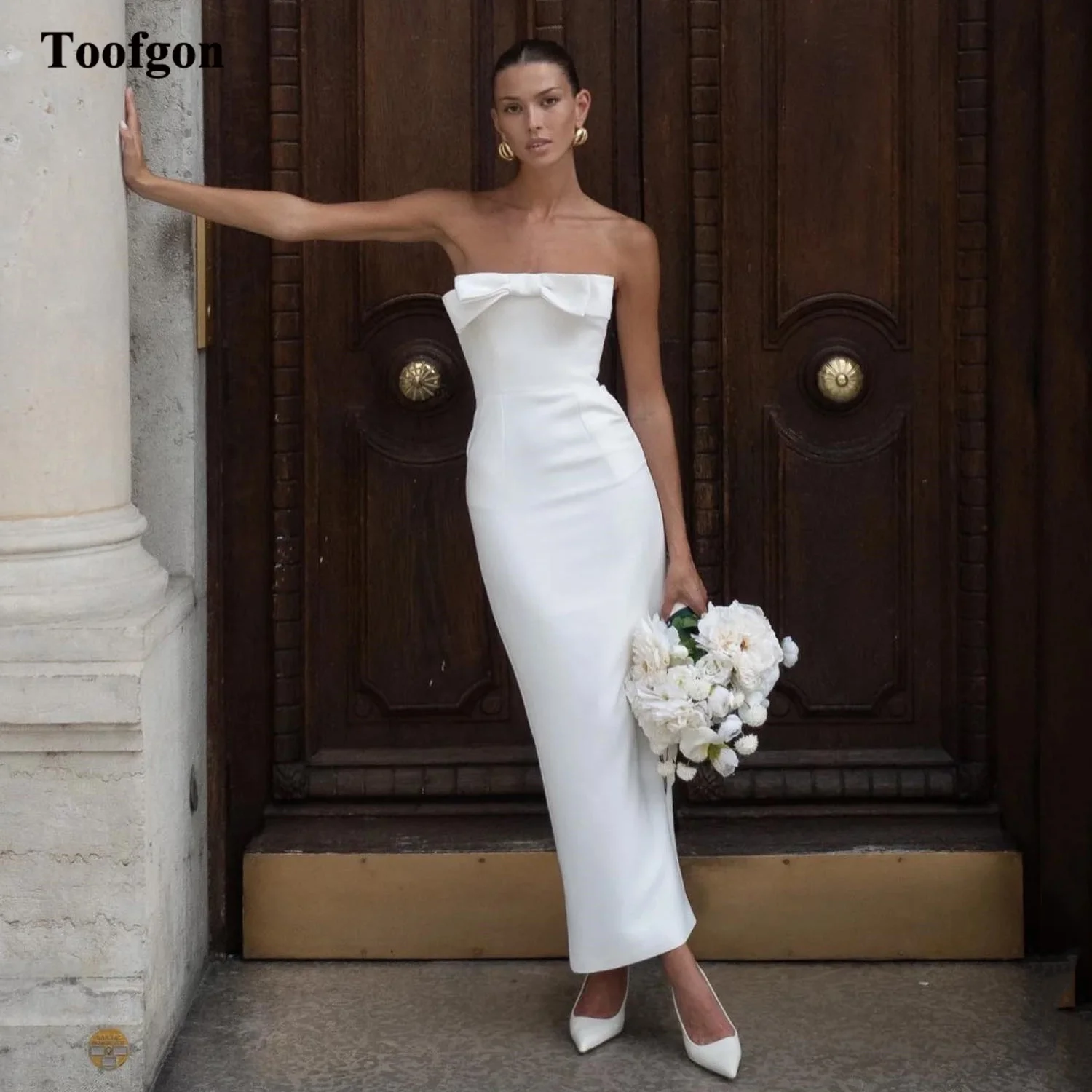 

Toofgon Simple Satin Sheath Wedding Dresses Strapless Bow Ankle Length Bride Formal Bridal Gowns Wedding Gowns robe de mariée