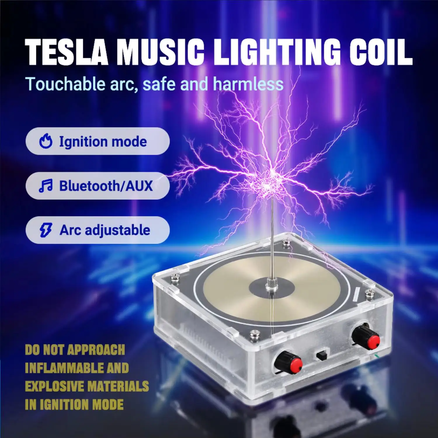 Bobina Tesla con fulmine artificiale con arco toccabile Generatore di impulsi ad alta frequenza a doppio ingresso Bluetooth/AUX per esperimenti STEM