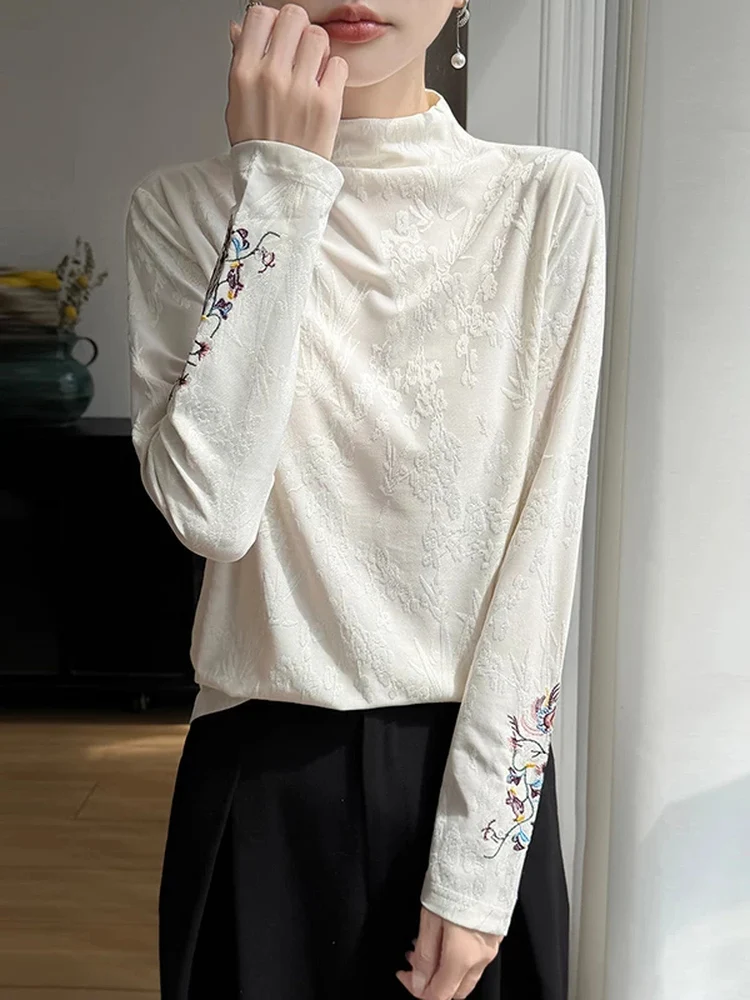 New Chinese Style National Trend Base Shirt Women's Autumn Winter Heavy Embroidery Casual Long Sleeve T-Shirt Ethnic Style