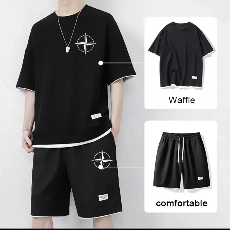 

Men's Summer T-Shirt and Shorts Sets, Casual Waffle Fabric Tracksuit, Fashion Clothing, NATO Logo, 2 Piece Set, 2023