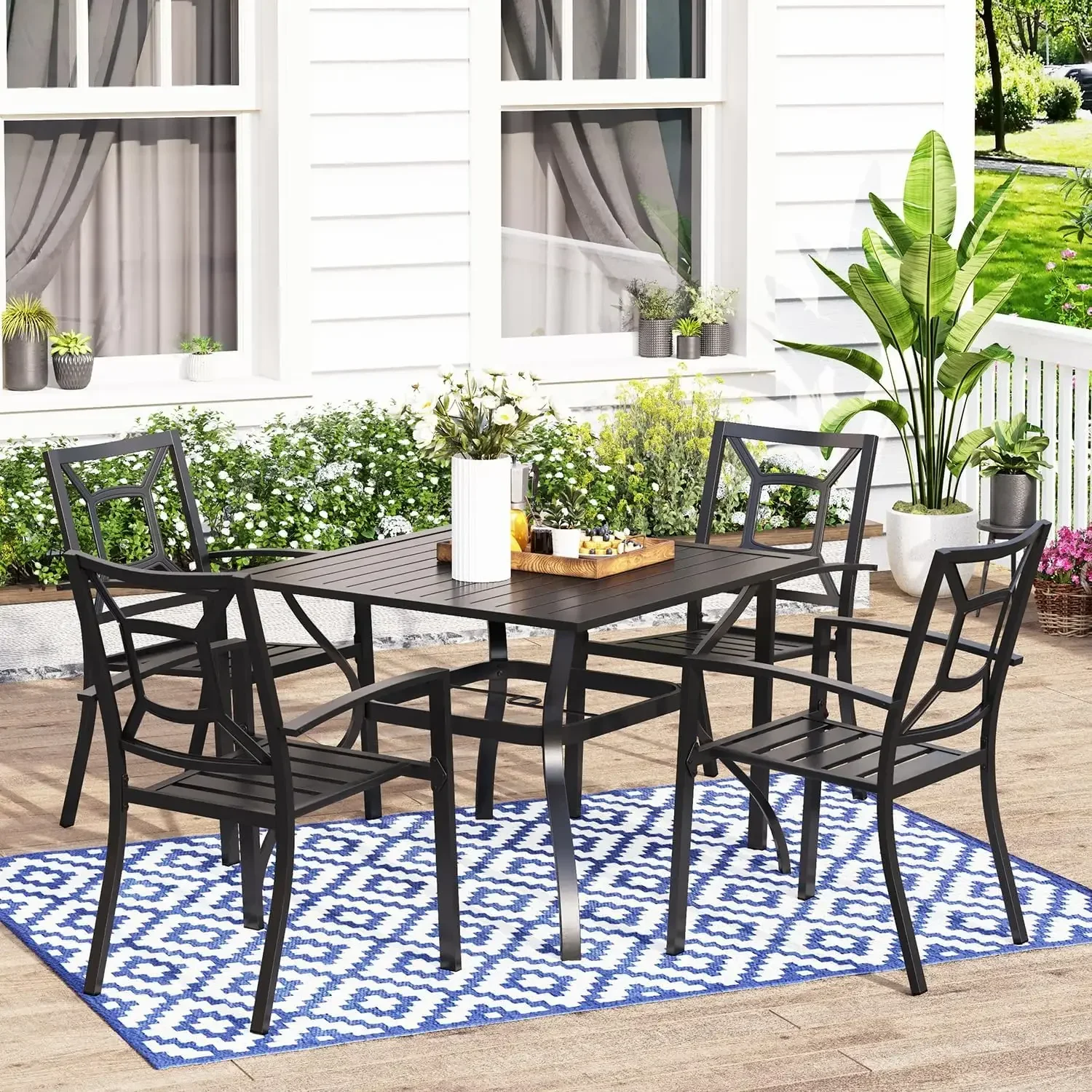 

37" Square Bistro Table and 4 Backyard Garden Stackable Chairs - Umbrella Hole 1.57", Black