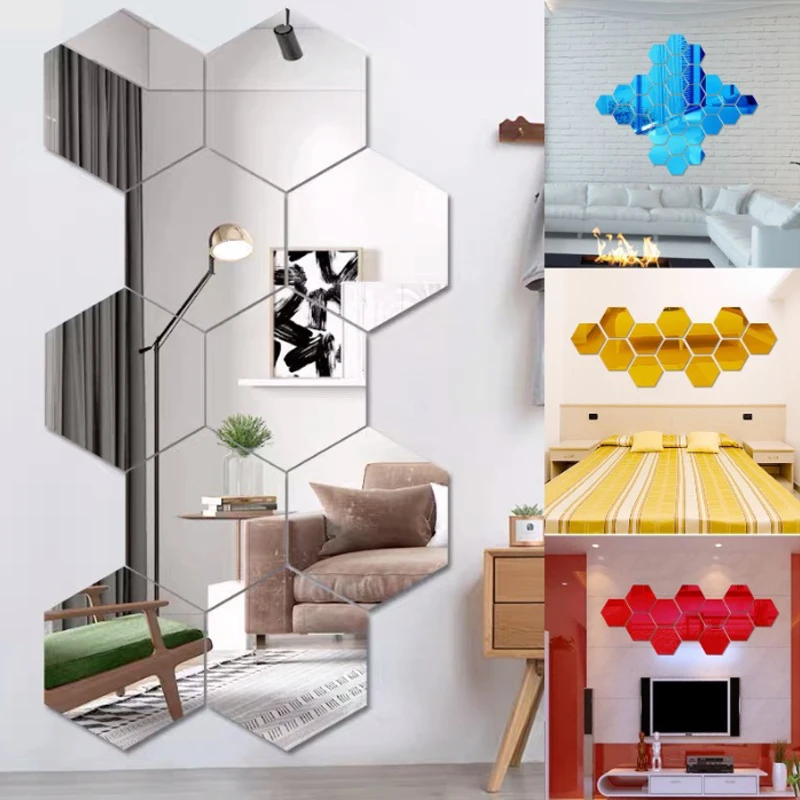 Hot Sale 12Pcs Hexagon Acrylic Mirror Wall Stickers Home Decor DIY Removable Mirror Sticker Living-Room Decal Art Ornaments