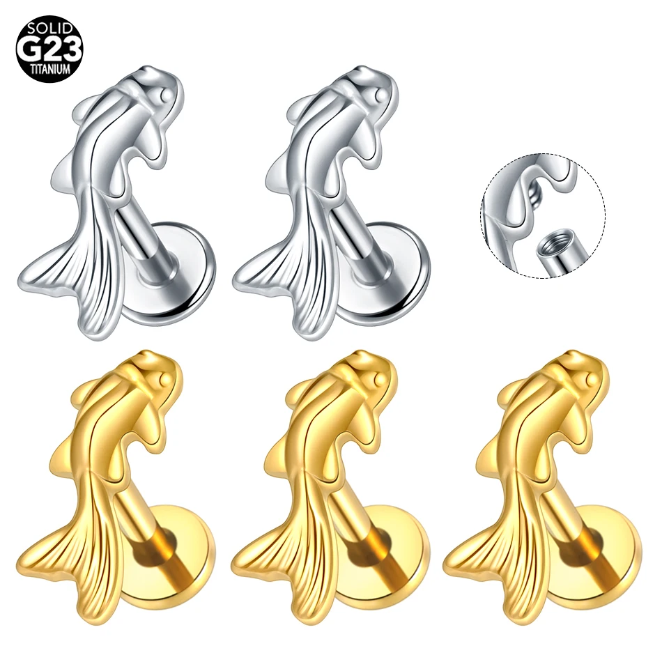1/5PCS Titanium Cute Fish Cartilage Tragus Helix Lobe Earring Piercing Internally Thread Flat Back Labret Lip Jewelry 16G