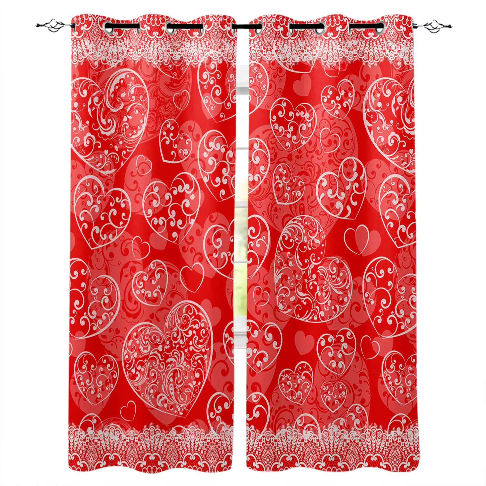 Valentine'S Day Love Lace Retro Modern Hall Curtains for Living Room Girl Boy Bedroom Kitchen Long Window Curtain Cortinas