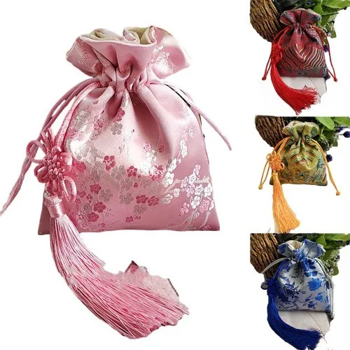 Large Silk Brocade Drawstring Pouch Gift Bags, Suede Lined, Luxury Decorative Jewelry Storage Pouches, Chinese knot, 10Pcs