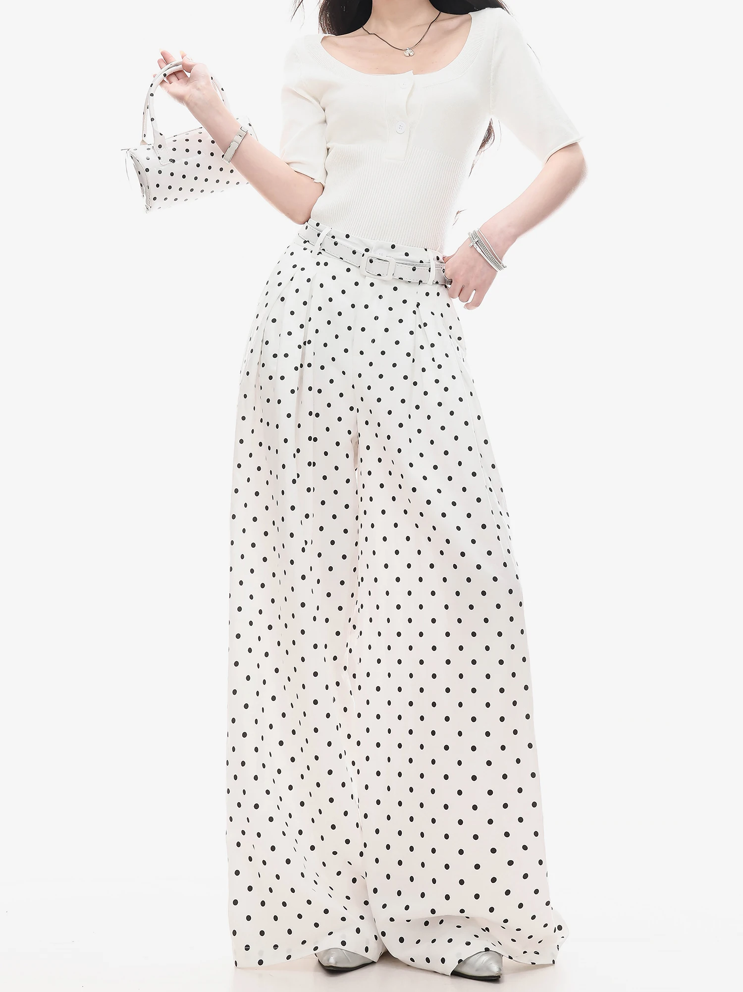 

Белые брюки ABLWR Original Design Sensation в горошек, свободные, широкие, женские, повседневные, струящиеся, стройнящие, комфортные