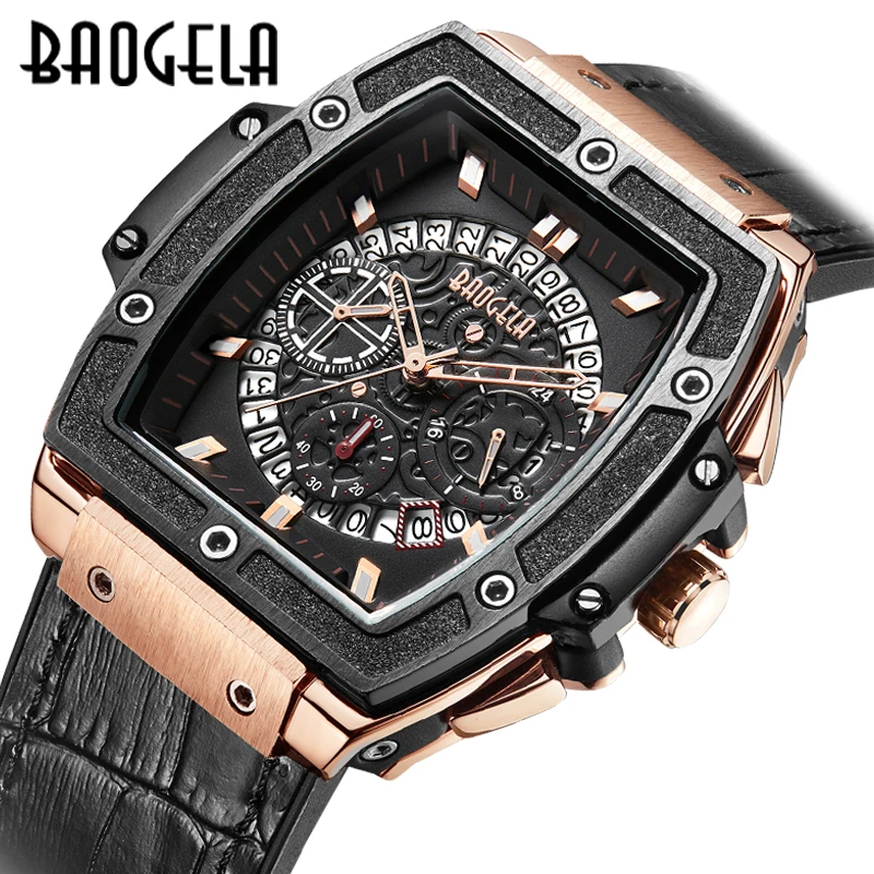 BAOGELA Brand Fashion Mens Sports Waterproof Calendar Wrist Watch Square Multifunction Silicone Band Mens Watch