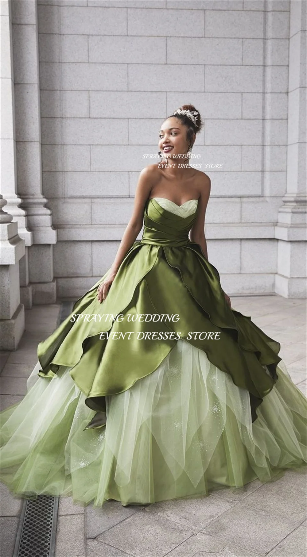 SPRAYING Simple A-Line Tiered Wedding Dress Sweetheart Floor-Length Party Dress Green Satin Tulle Formal Party Dress Customized