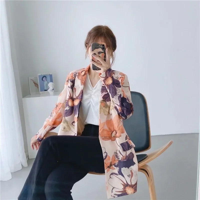 Abstract Printed Blazer Women Autumn Winter Double Breasted Mid-Length Casual Office Blazer Korean Fashion Sweet Multicolor Suit