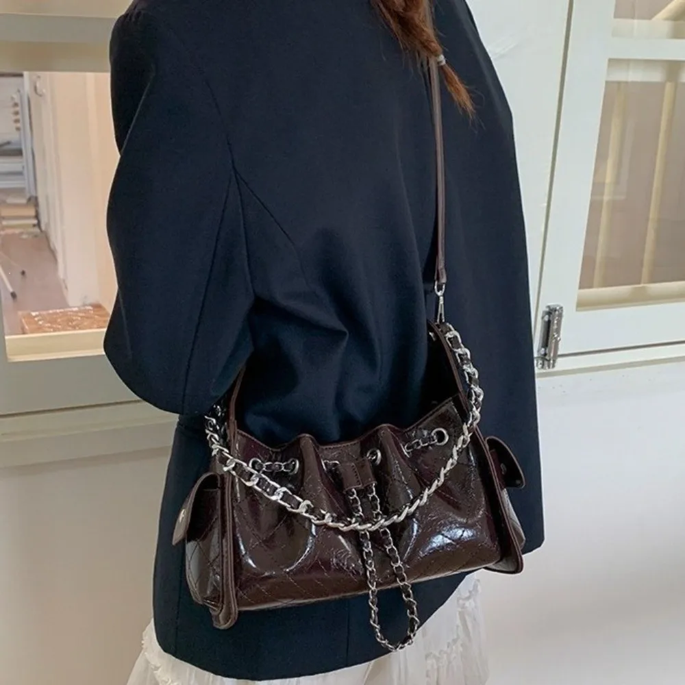 New Vintage Style Shoulder Bags PU Leather Checkered Pattern Ladies Handbag Chain Straps Women's Tote Bag Daily Work