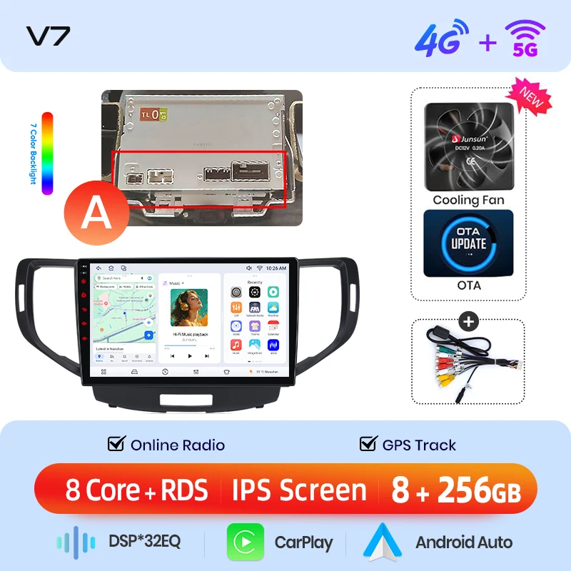 Junsun Draadloze CarPlay Android Auto Autoradio voor Honda Accord Mk8 (CU/CW) 2008-2013 Ingebouwde Koelventilator Android GPS Navigatie Multimedia Speler WiFi DSP RDS BT SWC IPS Touchscreen Autoradio