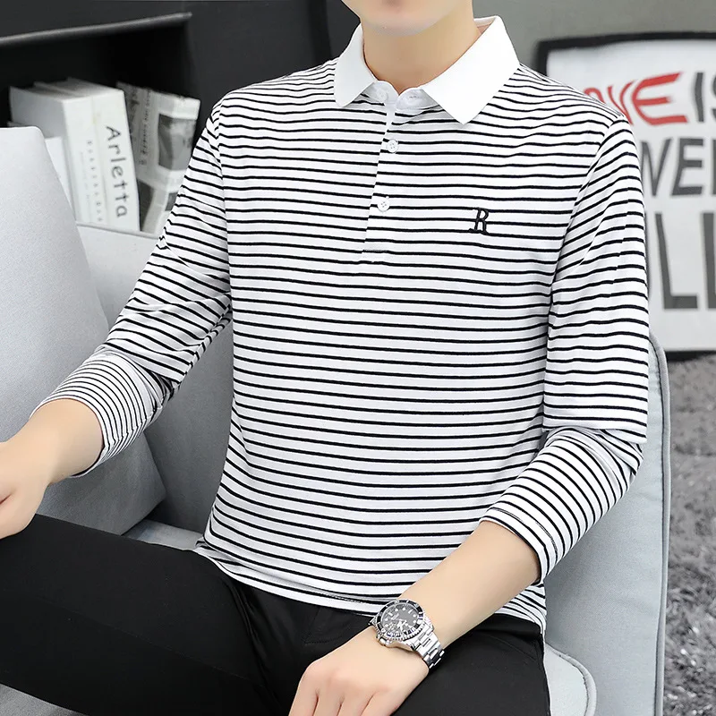 Spring and Autumn New Men\'s Long-sleeved T-shirt Lapel Striped Polo Shirt Men\'s Korean Version of The Stripes Casual Tops