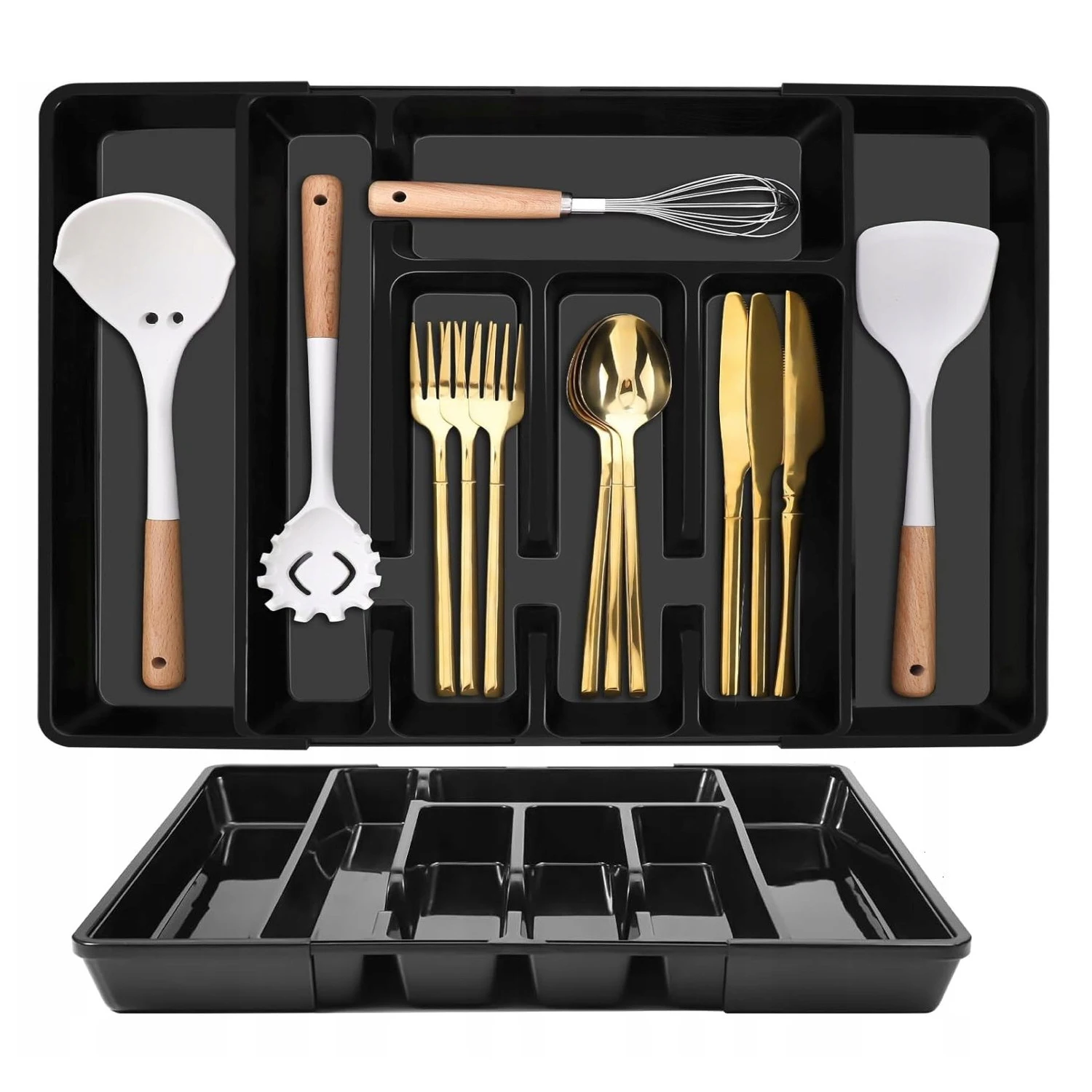 Besteklade-organizer met schuifinzetstuk, verstelbaar, zwart, voor keuken, huis, opbergruimte met meerdere compartimenten, modern, praktisch, betrouwbaar, compact, strak design, eenvoudige montage,