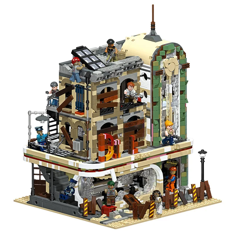 

City Ruins Architecture Bricks Model Blocks, Downtown Diner Apocalypse Restaurant Doomsday Series, MOC 89101, Toy Gift