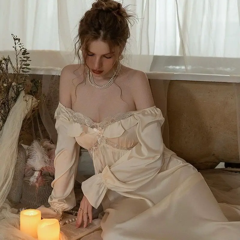 

Sexy Palace Silk Nightgown Lace French New Princess Long Sleeve Pajamas Sweet Home Clothes Lingeries for Women Tоy Girl Clothing