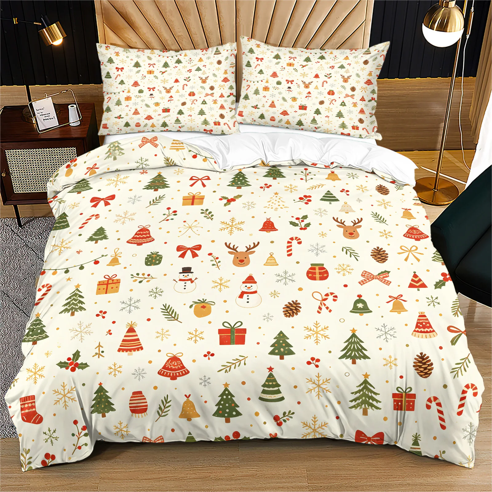 Festive Xmas Duvet Cover Set Christmas Tree Snowman Reindeer Gift Bell Print Quilt Cover Soft Seasonal Bedding with Pillowcases