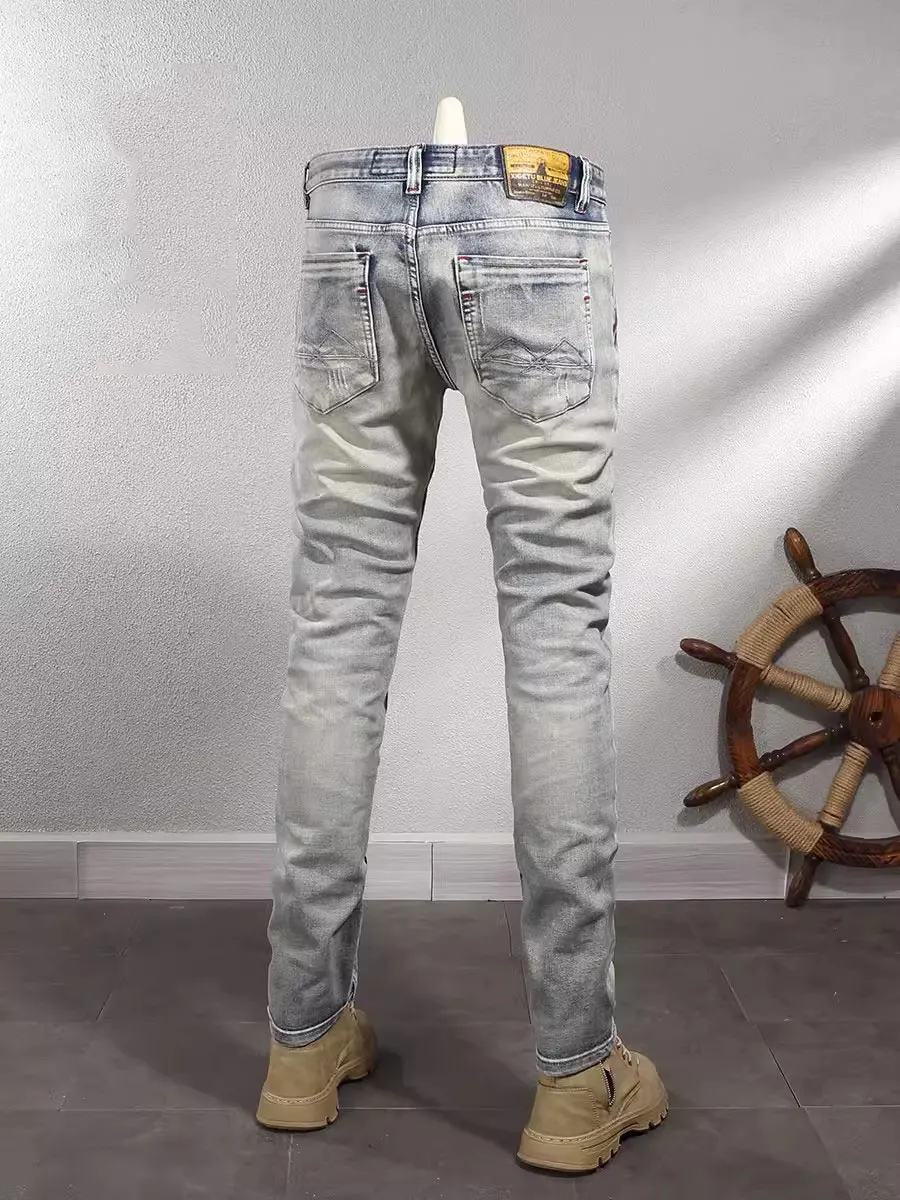 Fashion Designer Men Jeans High Quality Retro Washed Light Blue Elastic Slim Fit Ripped Jeans Men Vintage Denim Pants Hombre