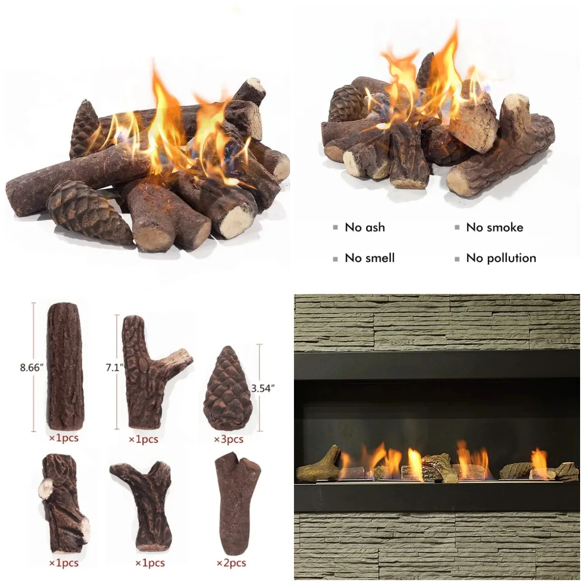 

9 Pcs Fake Gas Fireplace Logs ; Ceramic Wood Fire Pit Logs Sets for Indoor or Outdoor Fireplace