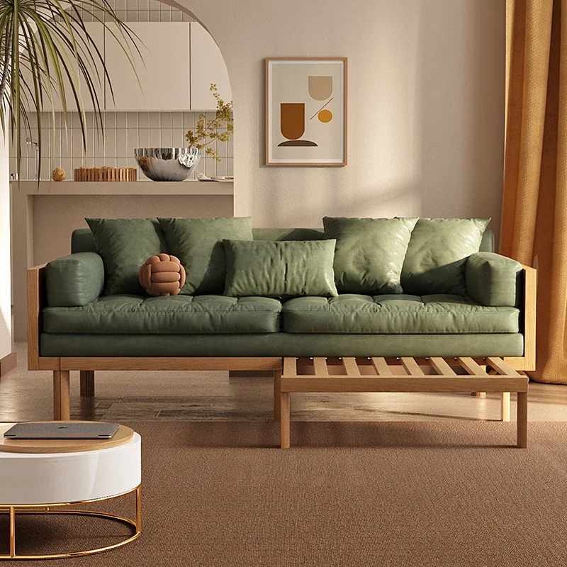 Solid Wood Faux Leather Sofa Bed Foldable Dual-Purpose Multi-Functional Small Apartment Lazy Sofa image 3