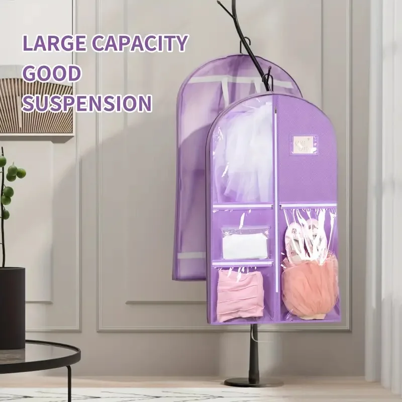 Violet Multi-accessory Pockets Children's Dance Storage Bag Dress Garment Bag Non-woven Fabric and PVC Clothing Dust-proof Cover