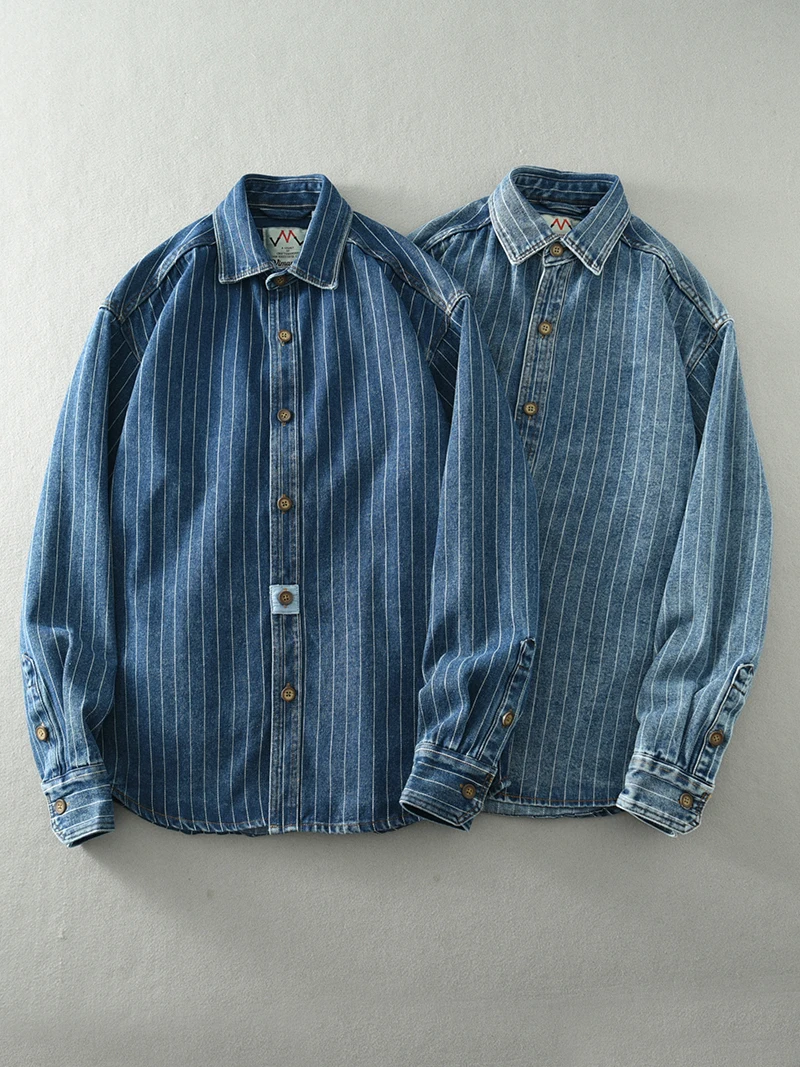 Spring And Summer New American Retro Men\'s Striped Washed Make Old Casual Denim Shirt Fashion Trend Loose Casual Tops