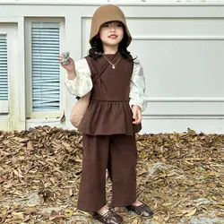 Children Clothing Set Girls Puff Sleeve Bottoming Shirt and Vest Pants Three-Piece Suit 23 Autumn and Winter Clothing NewSet