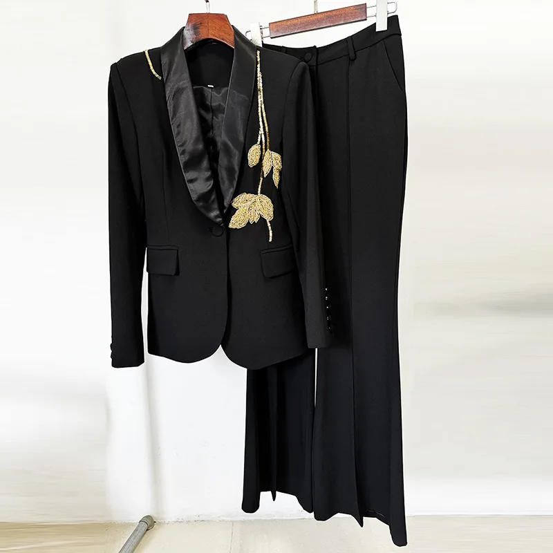 Blazer et pantalon à simple boutonnage pour femme, ensemble perlé doré imbibé, veste formelle, manteau d'affaires, tenue de Rh, bureau, dame, 2 pièces