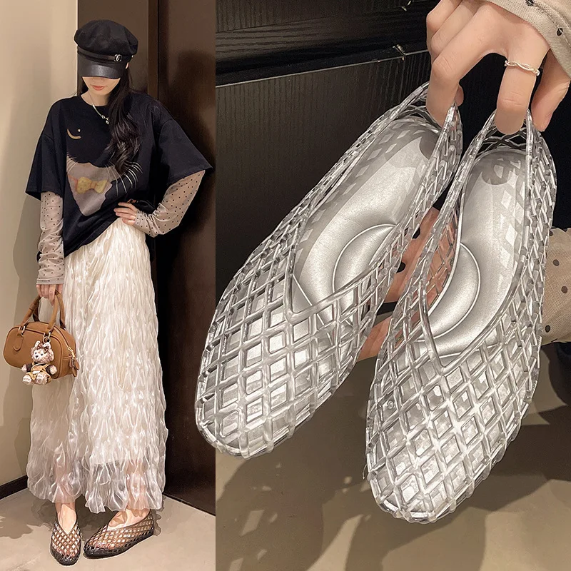 Nuevas Sandalias de Gel Cristalinas con Punta en V, Modernas y Cómodas, de Suela Plana, Casuales, de Malla, para Mujer