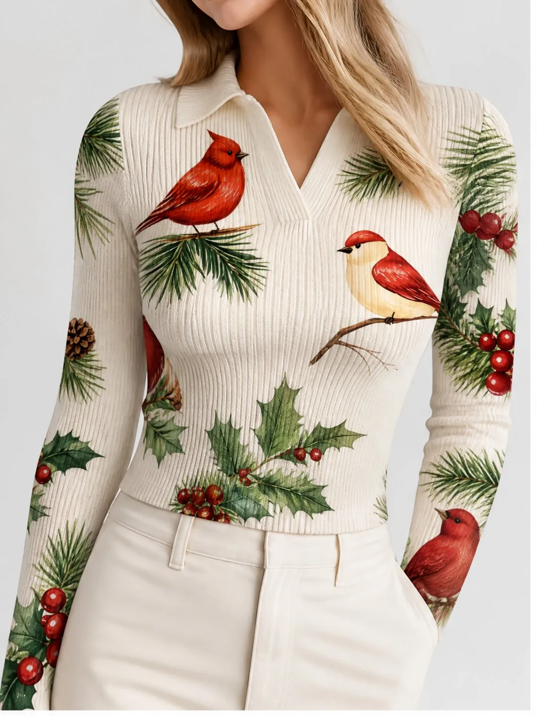 Urban Chic Womens Polo Collar V Neck Ribbed Knit Cropped Top Figure Flattering Long Sleeve Pullover for Cute Casual Styling Chic