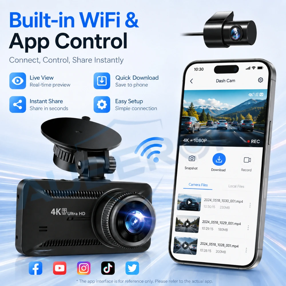 4K HD Dash Cam Front Rear Camera Recorder WiFi Car DVR APP Control Night Vision Motion Detection Loop Recording Parking Monitors