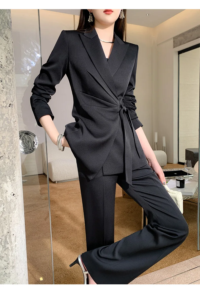 Korean Slim Fit Commuting Style Suit Set for Women\'s Spring New Fashion Tie Up Design Blazer+Solid Straight Leg Trousers 2piece