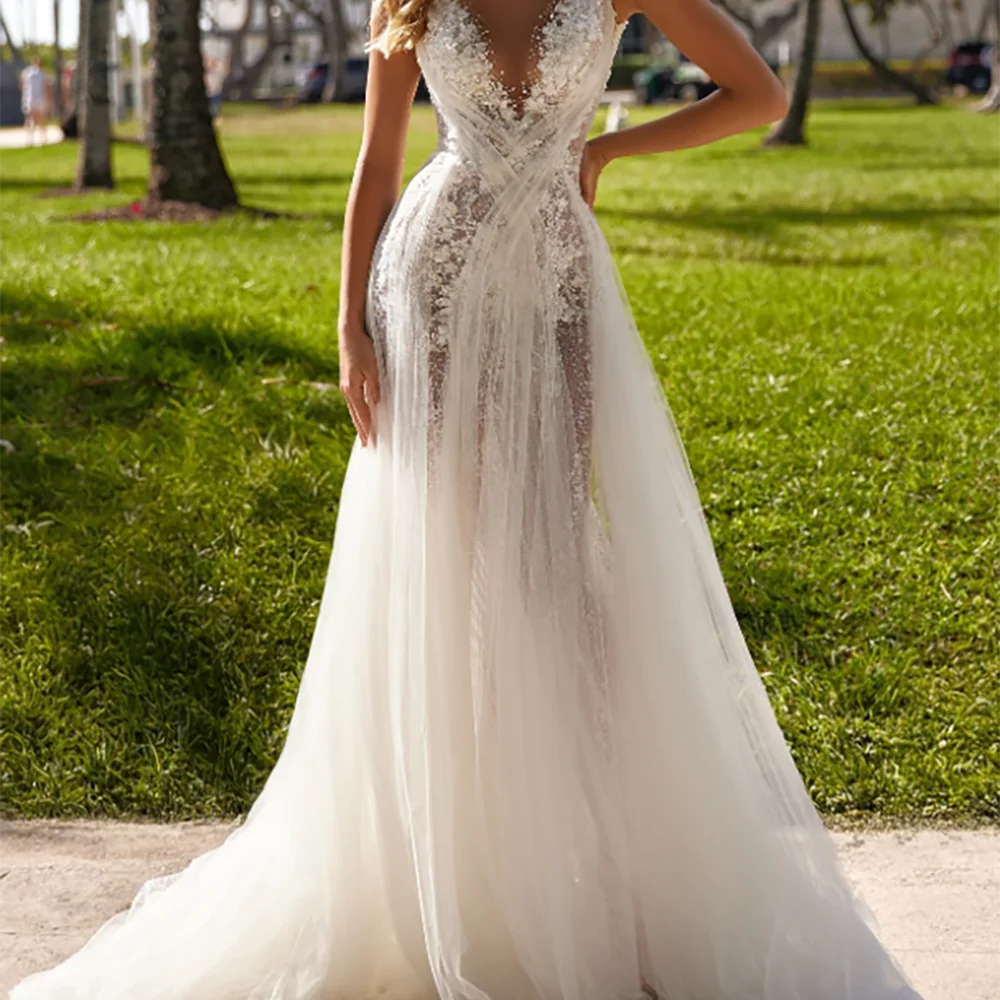 Abiti da sposa da sposa di lusso con scollo a V increspato con paillettes senza maniche pieghe a-line abiti da sposa personalizzati