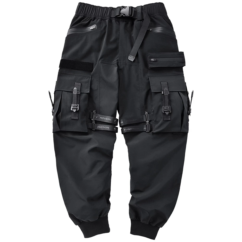 Black Cargo Pants Men Military Joggers Pants Techwear Streetwear Tactical Function Trousers Harajuku Multi-pocket Ribbon Bottoms