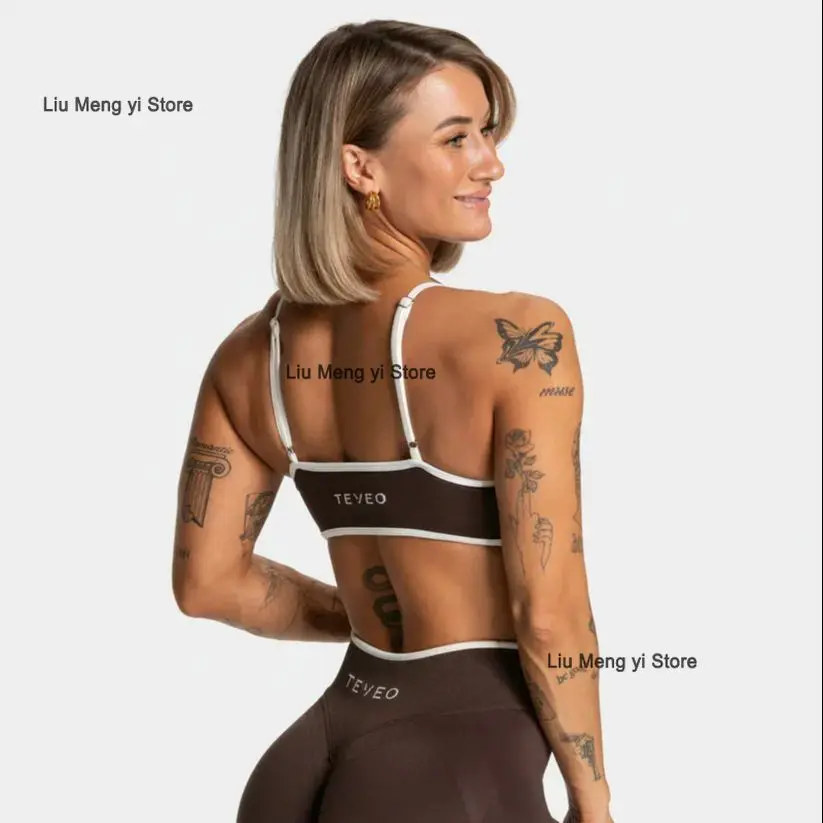 TEVEO Women's Backless Knitted Sports Bra Solid Color Summer Gym Fitness Top with Chest Cushion Sexy Suspender Yoga Bra