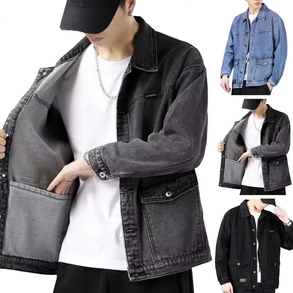 1Pc Men Denim Jacket Lapel Button Closure Long Sleeve Jacket Coat with Large Pockets Spring Autumn Cargo Outwear for Daily Wear