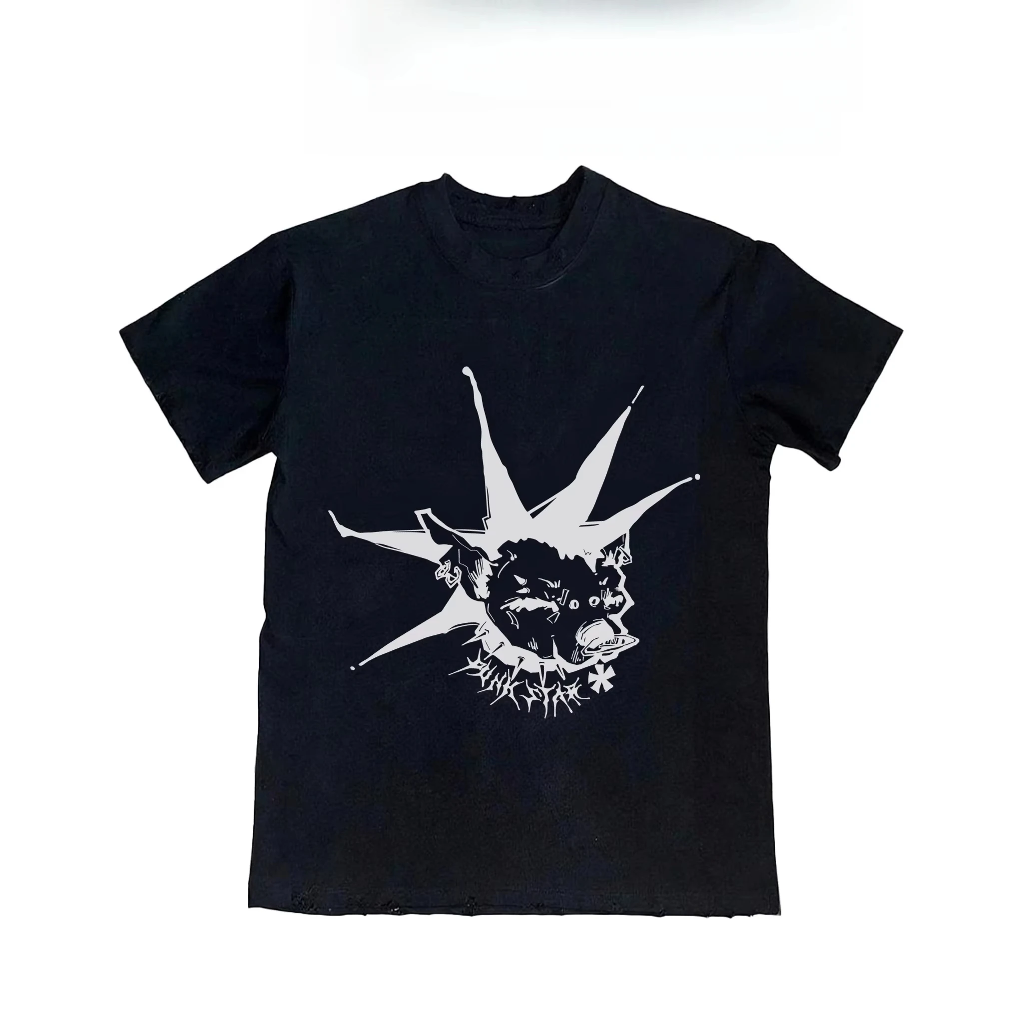 2025 جديد الرجال والنساء القطن الخالص مستقيم الكتف فاسق اليد تخريب قصيرة الأكمام الأصلي القنفذ رئيس تي شيرت الشارع #1