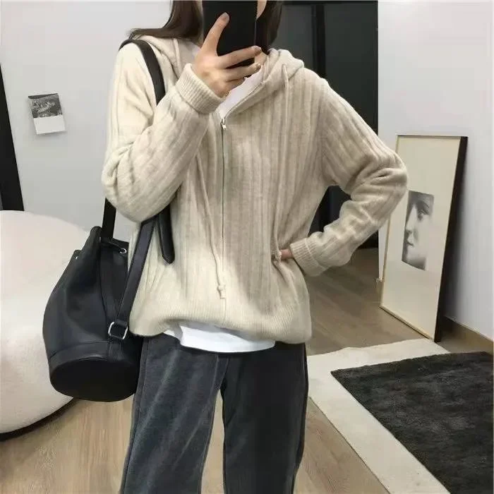 2024 Autumn and Winter New Korean Version Lazy Wind Pit Strip Hooded Sweater Women Loose Casual Wear Zipper Knit Cardigan