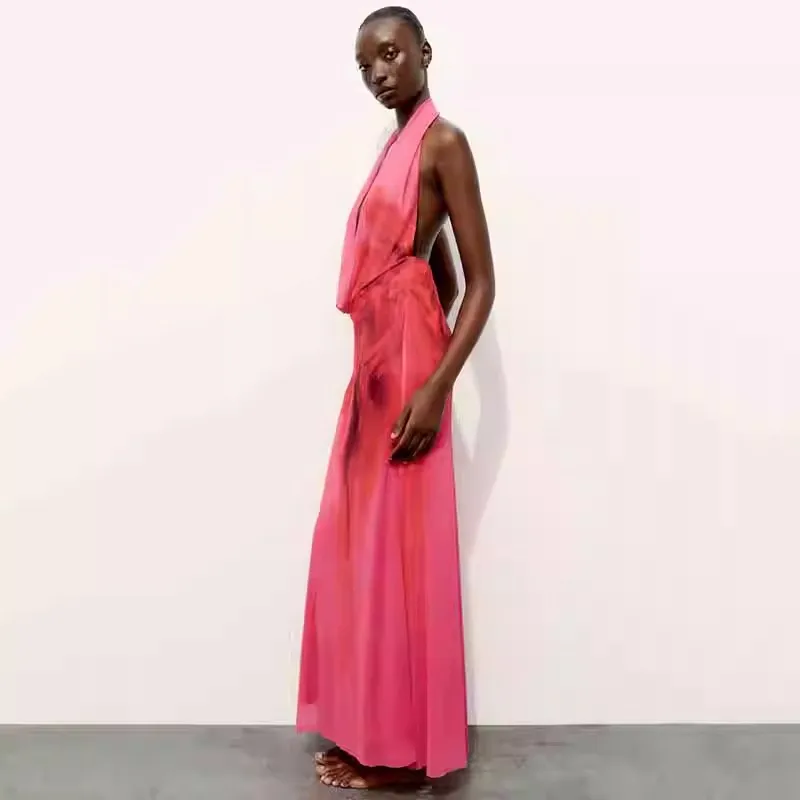 فستان صيفي 2024 مثير بظهر مكشوف وطويل مع طرحة رقيقة وياقة متدلية، تصميم أنيق للنساء بأسلوب عملي وياقة على شكل V بدون أكمام