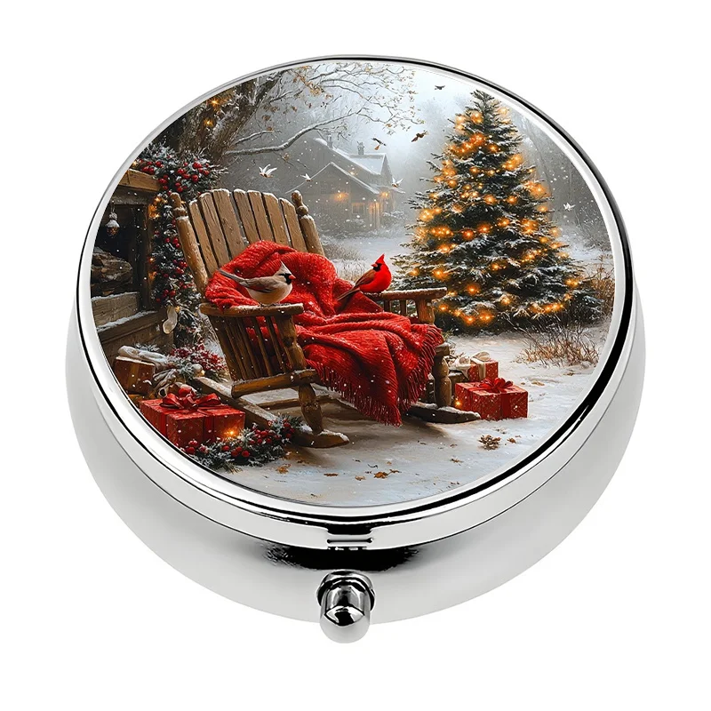 1 mini pill box with 3 compartments, featuring a Christmas-themed winter scene, portable for travel or as a wallet pill box, pill storage box, unique gift, compact pill box