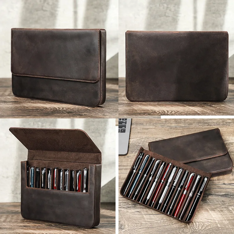 Crazy Horse Leather Pen Case for 12 Pens Handmade Magnetic Drawer Style Pen Storage Box for Students Office Stationery Organizer